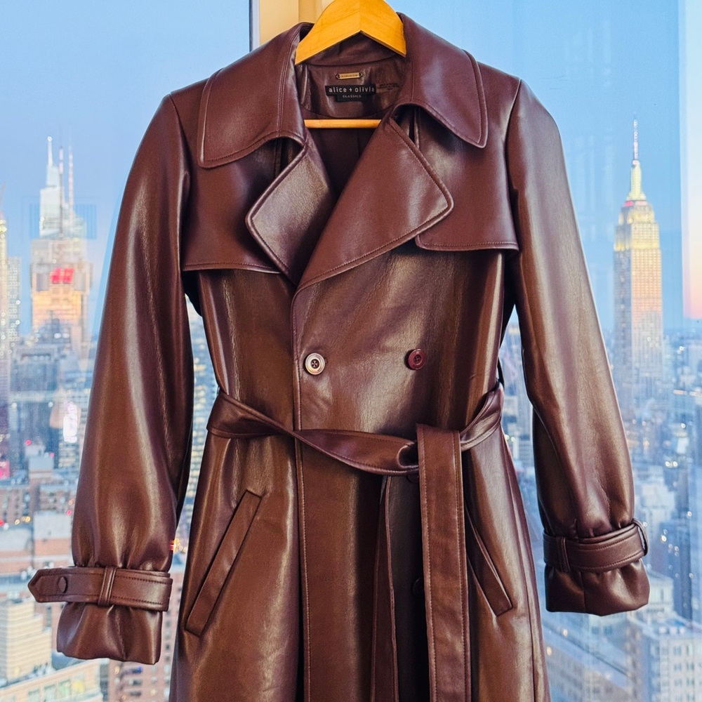 Alice + Olivia Brown Vegan Leather Trench Coat with Wrap Design